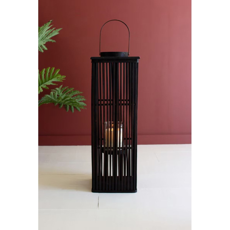 Tall Brown Rectangle Bamboo Lantern - W Glass Insert Large By Kalalou