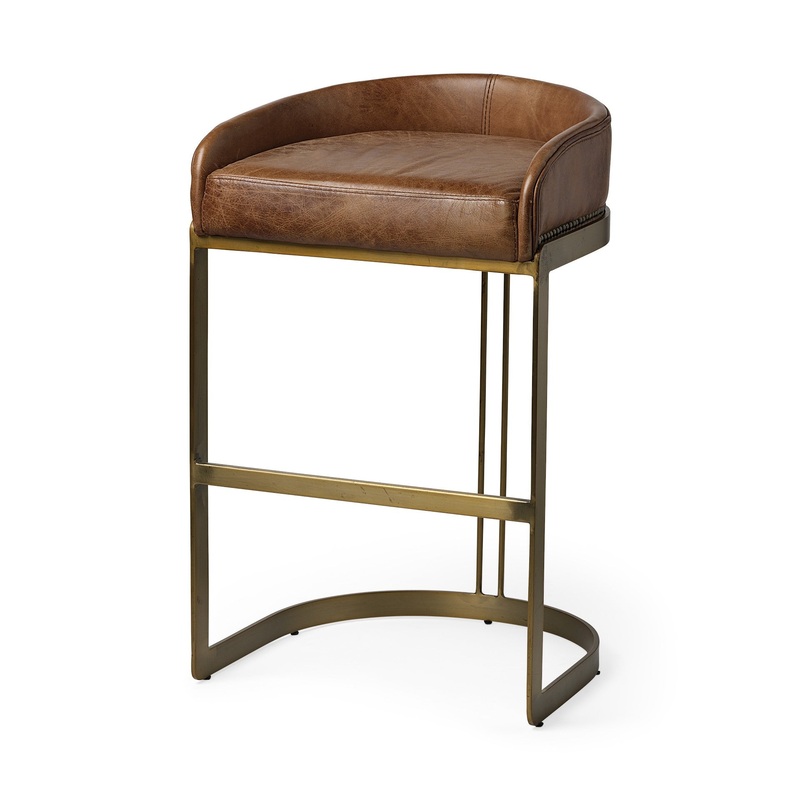 33' Brown Leather Antiqued Gold Low Back Bar Stool By Homeroots