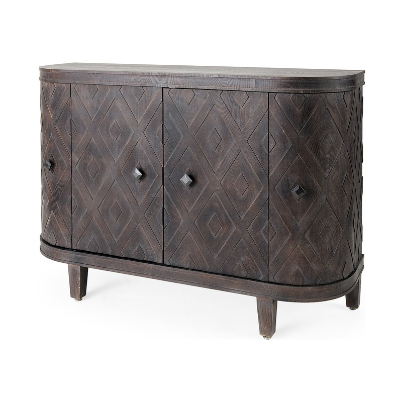 Curved Dark Brown Diamond Pattern Four Door Cabinet By Homeroots