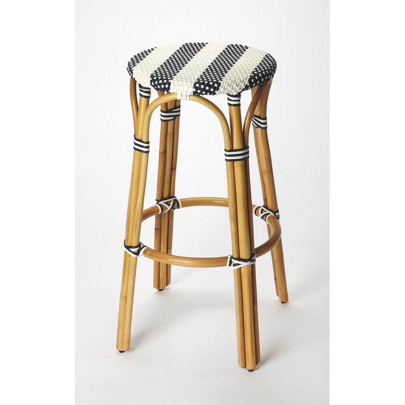 Navy Blue And White Rattan Bar Stool By Homeroots