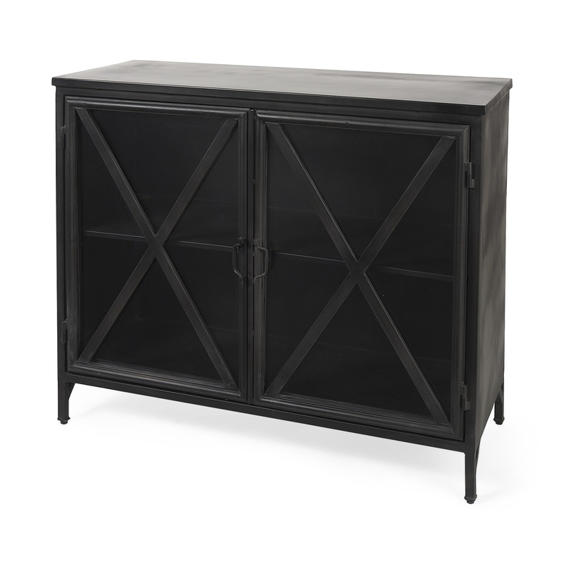 Rustic Black Metal Cabinet With Glass Doors By Homeroots
