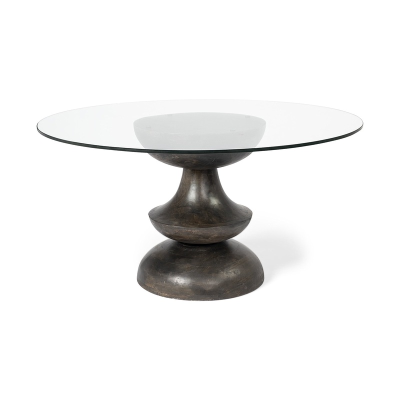 60' Round Glass Top Brown Wood With Pedestal Base Dining Table By Homeroots
