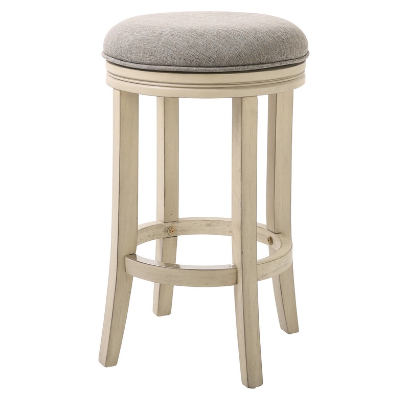 Bar Height Round Swivel Solid Wood Stool In Distressed Ivory Finished With Quartz Fabric By Homeroots