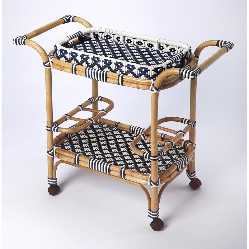 Blue And White Rattan Bar Cart By Homeroots