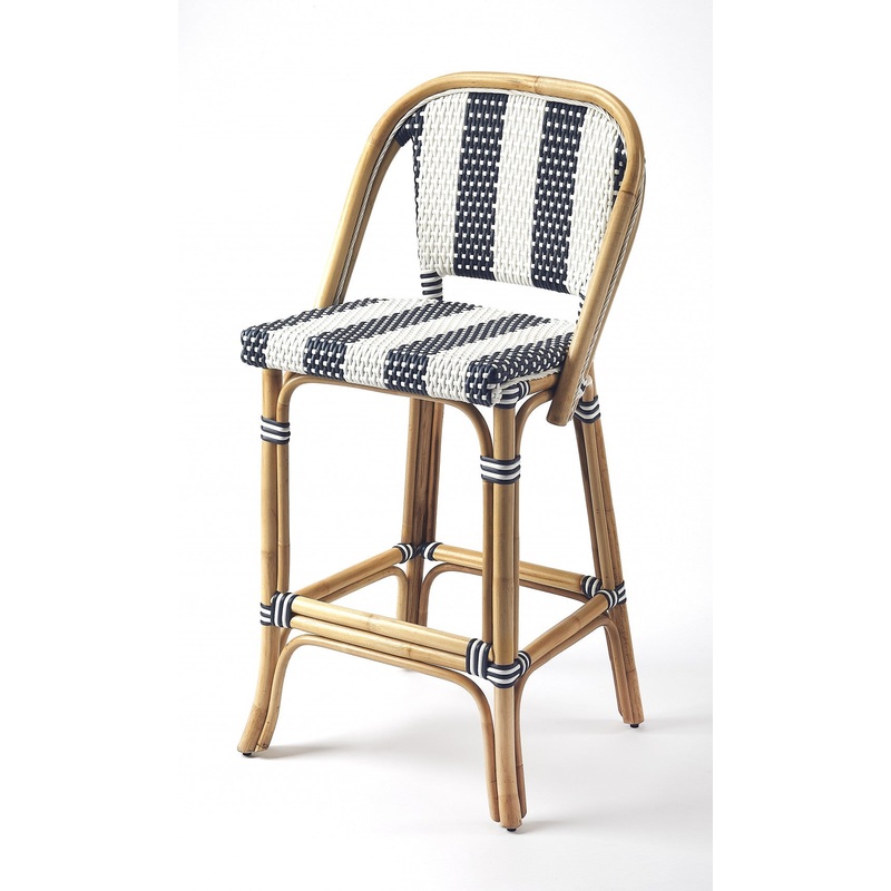 Blue And White Striped Rattan Bar Stool By Homeroots