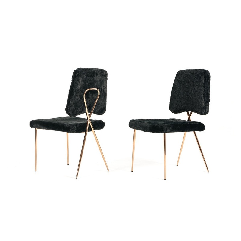 Set Of 2 Glam Modern Black Faux Fur Dining Chairs By Homeroots