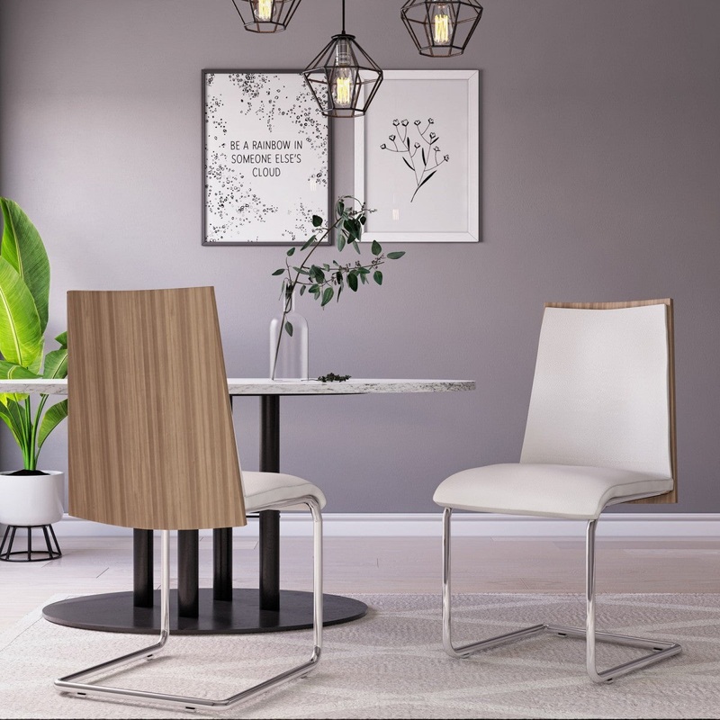 Set Of 2 Modern White Faux Leather And Walnut Finish Dining Chairs By Homeroots