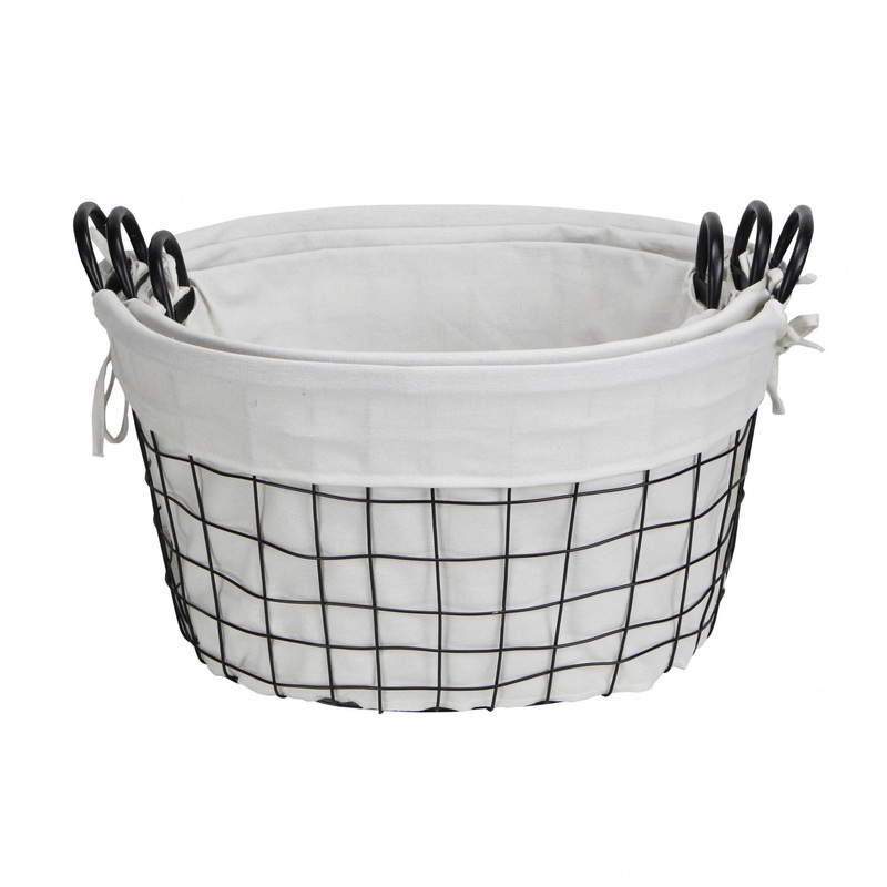 Set Of 3 Oval White Lined And Metal Wire Baskets With Handles By Homeroots