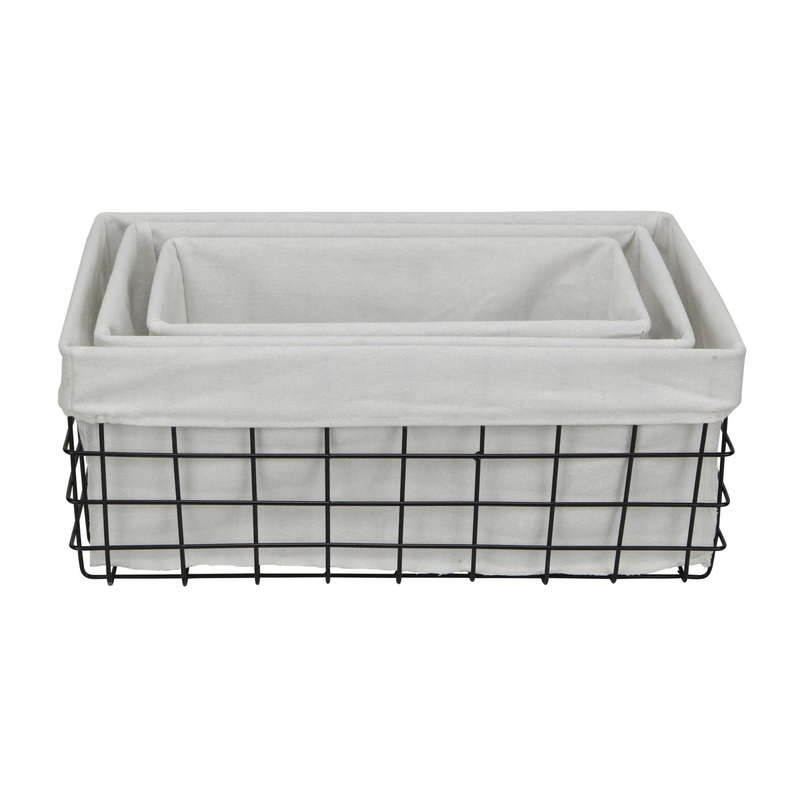 Set Of 3 Rectangular White Lined And Metal Wire Baskets By Homeroots