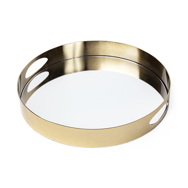 15' Antiqued Gold Tone Metal With Mirrored Glass Bottom Tray By Homeroots