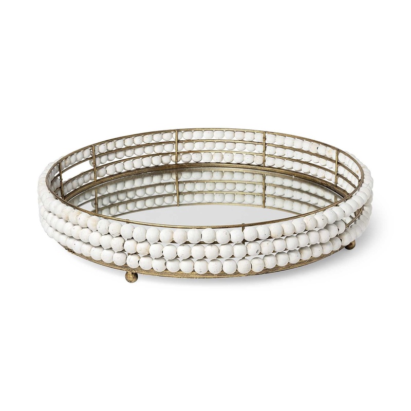 21' Gold Metal With Wooden Bead Frame And Mirrored Glass Bottom Round Tray By Homeroots