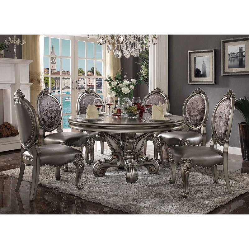 Antique Platinum Wood Poly Resin Dining Table (Round Pedestal) By Homeroots