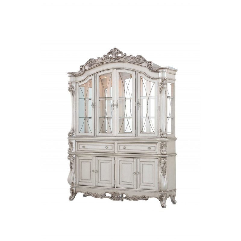 Antique White Wood Glass Mirror Hutch Buffet By Homeroots