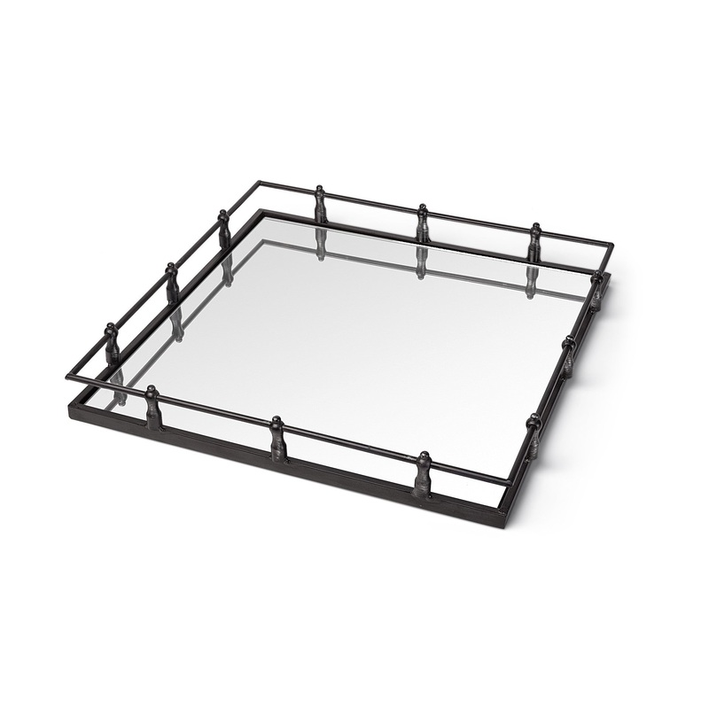 Natural Finish Metal With Mirrored Glass Bottom And Railing Handle Tray By Homeroots