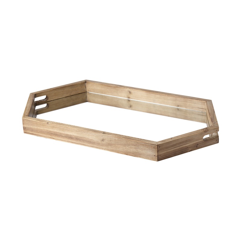 Natural Polished Wood Mirror Glass Lined Top Tray By Homeroots