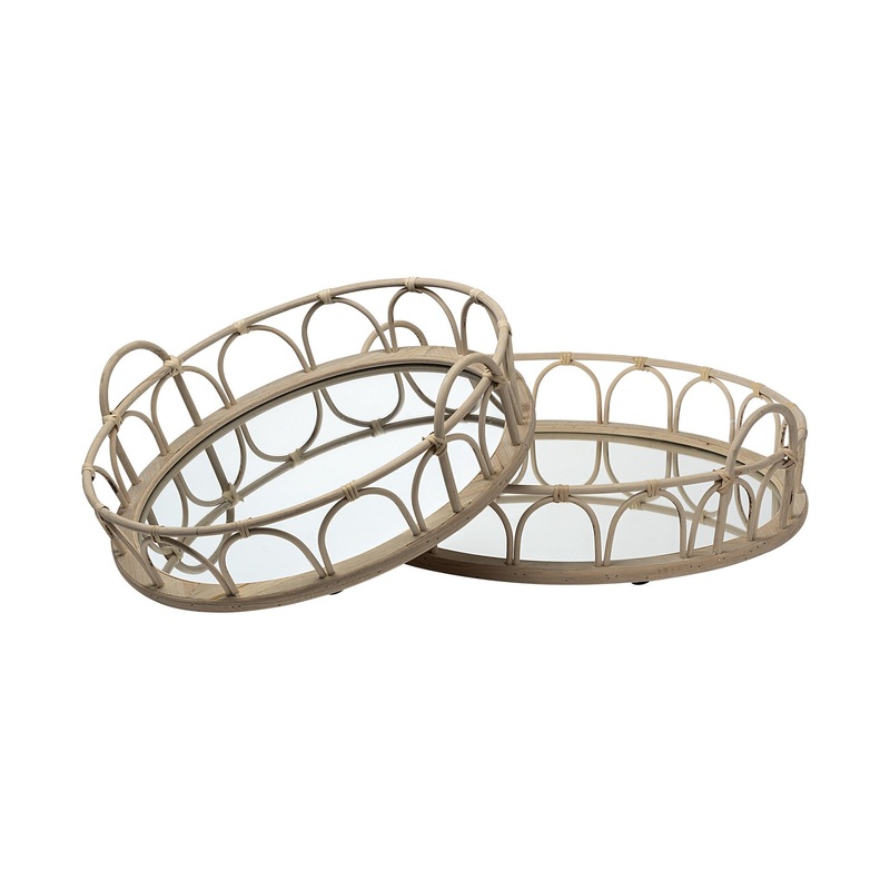 Set Of 2 20' Natural Blonde Wood With Intricately Railings And Mirrored Glass Bottom Round Tray By Homeroots