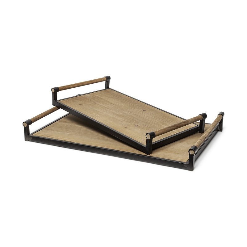 Set Of 2 Light Brown Wood With Matte Black Metal Frame And Two Handles Trays By Homeroots
