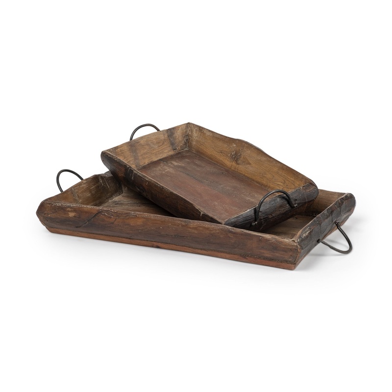 Set Of 2 Medium Brown Recycled Wood With Flaunt Metal Handles Trays By Homeroots