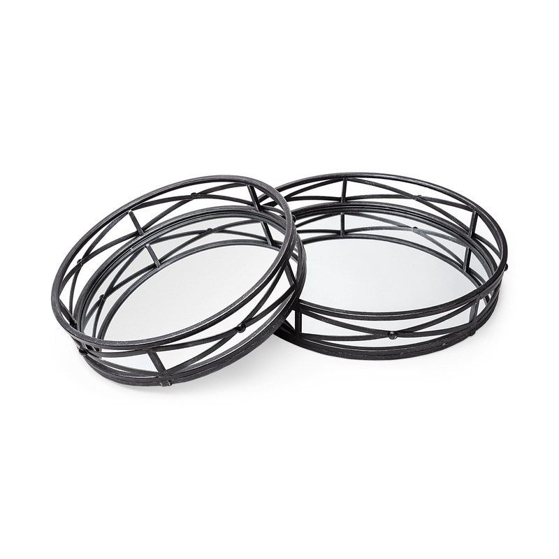 Set Of 2 Round Matte Black Metal With Mirrored Glass Bottom Trays By Homeroots