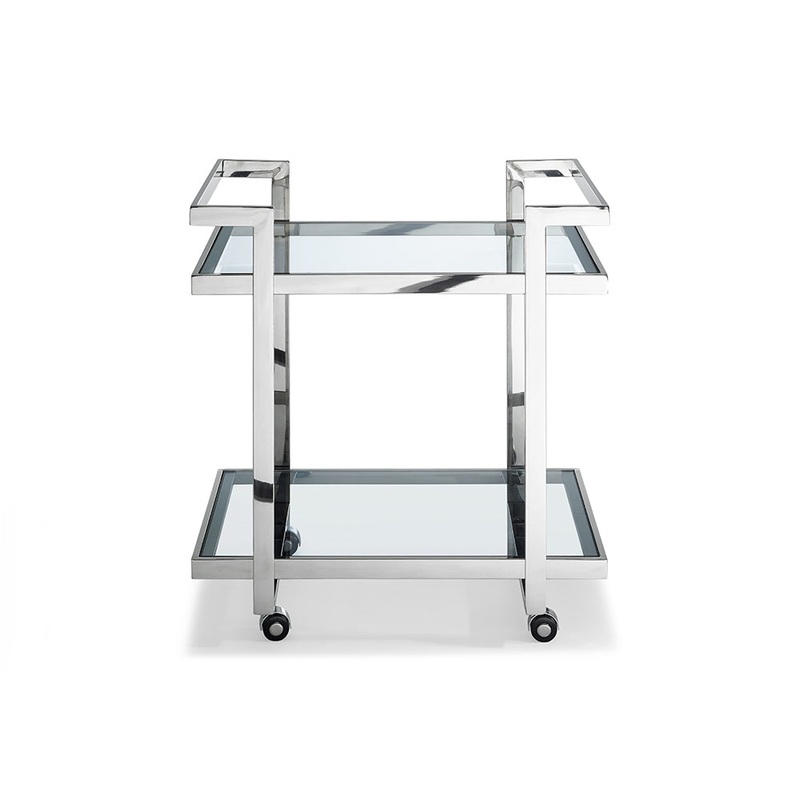 Side Table Or Bar Cart Clear Glass Stainless Steel Base On Castors By Homeroots - 320894