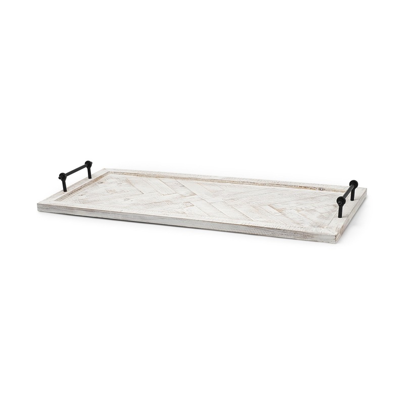 Whitewashed Tone Wood With Herringbone Pattern With Metal Raised Edges Tray By Homeroots