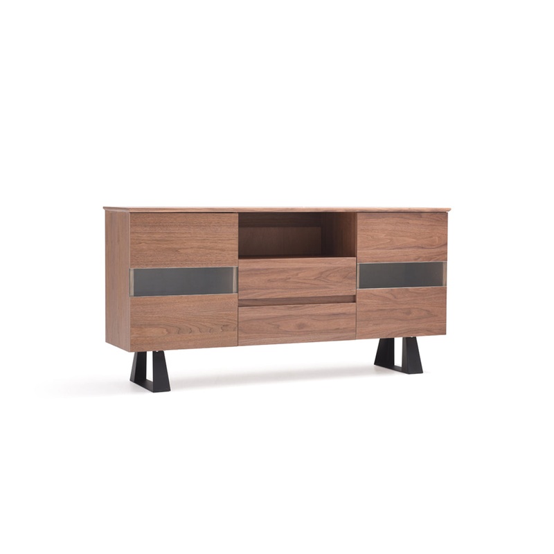 32' Walnut Veneer Metal And Glass Buffet By Homeroots