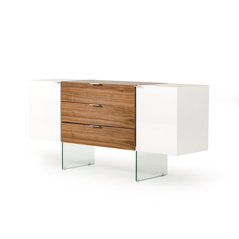 30" White And Walnut Veneer, Mdf, Glass, And Steel Floating Buffet By Homeroots