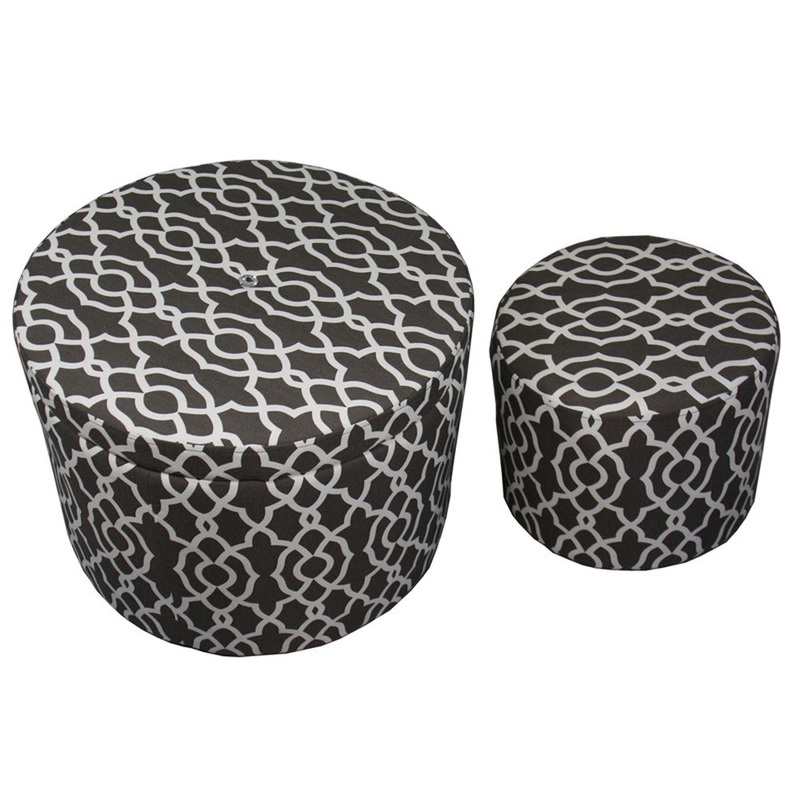 Set of Two Brown and White Lattice Round Ottomans By Homeroots