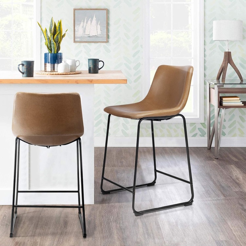 Set of Two Modern Carmel Faux Leather Bar Stools with Low Back By Homeroots