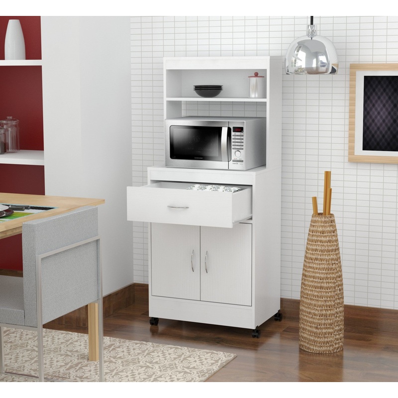 White Finish Wood Microwave Cabinet With Two Doors And Drawer By Homeroots