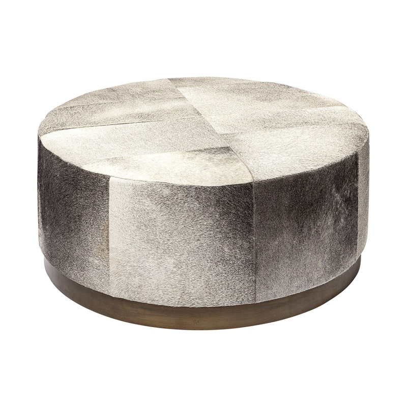 Gray Cowhide Round Ottoman with Metal Base By Homeroots