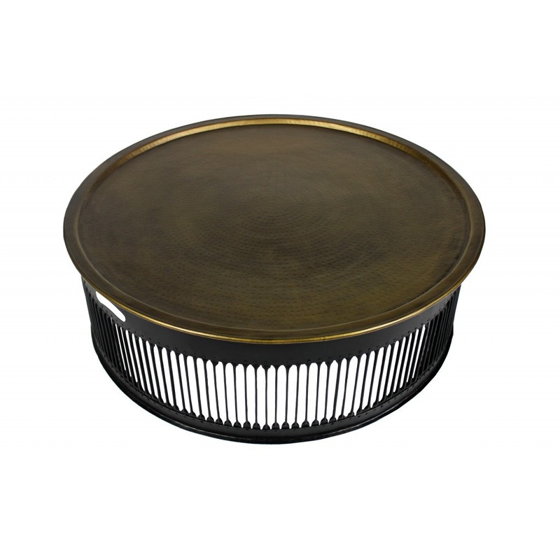 Round Black Drum Shaped Brass Coffee Table By Homeroots
