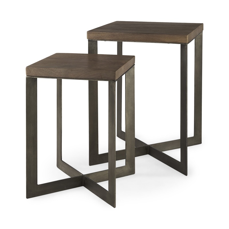 Set of Two Geo Dark Brown Metallic and Wood Tables By Homeroots