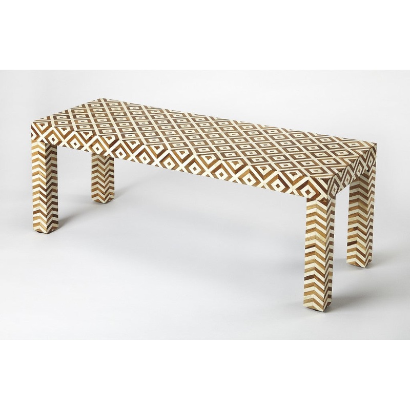 Geo and Chevron Teak and Bone Inlay Bench By Homeroots