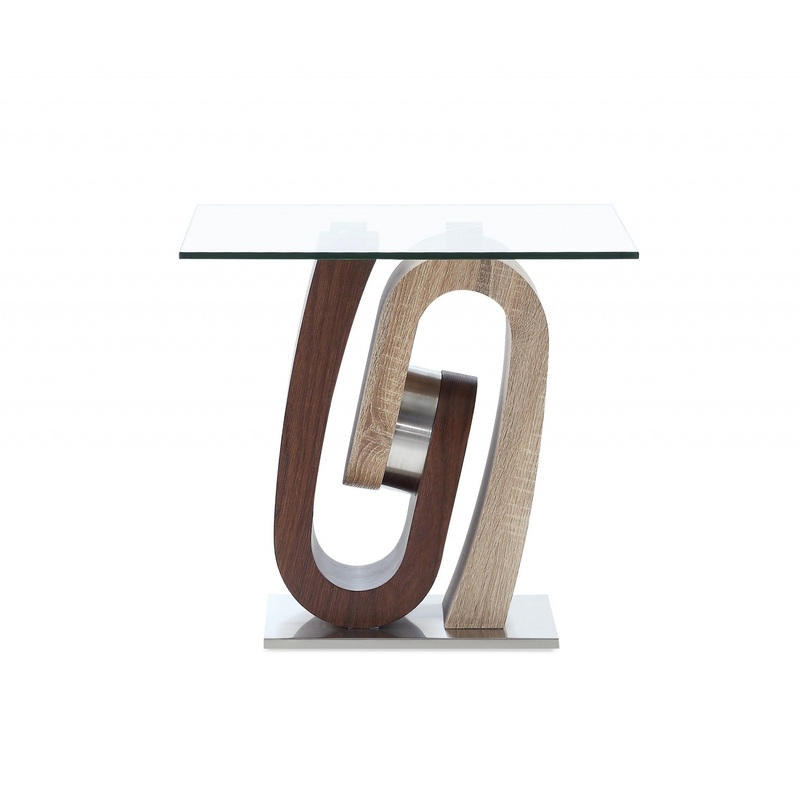 Oak and Walnut Ultra modern End Table with Glass top By Homeroots