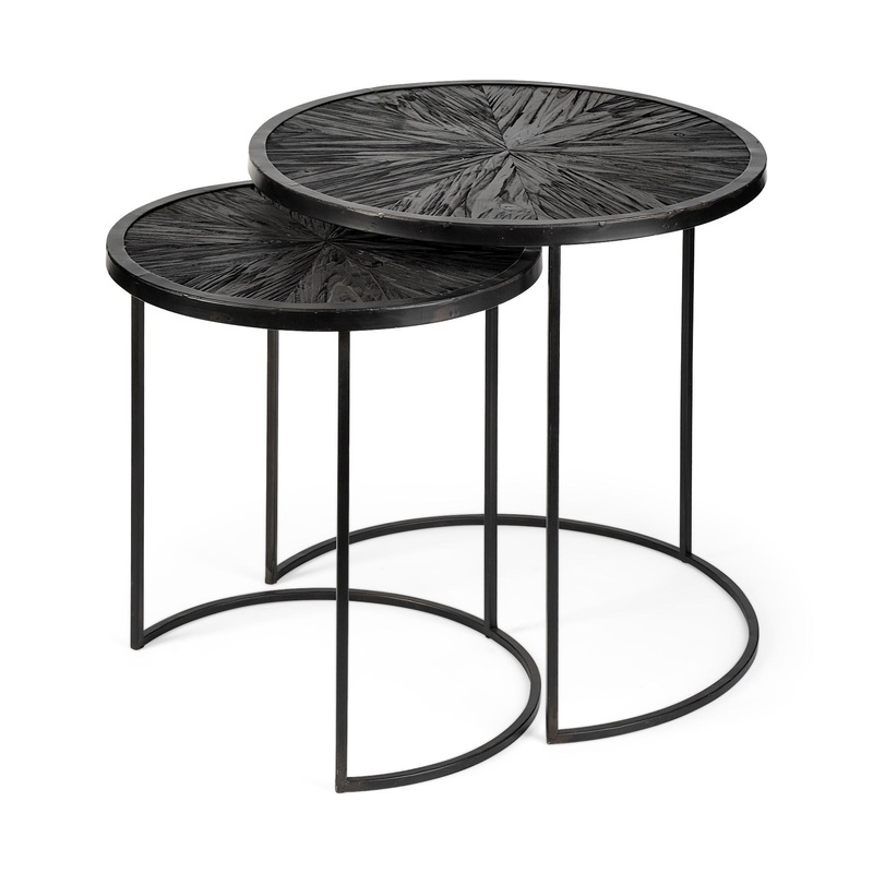 Set of 2 Dark Wood Round Top Accent Tables with Black Iron Frame By Homeroots