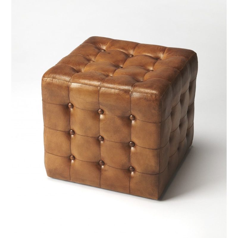 Stately Brown Leather Tufted Ottoman By Homeroots