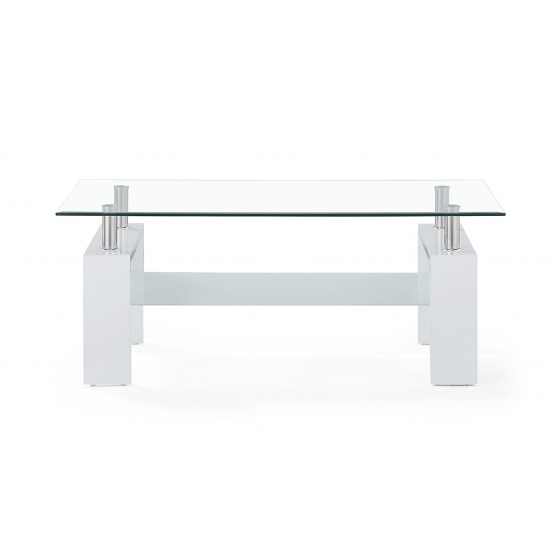 White glossy leg Coffee Table with Rectangular Clear Glass Top By Homeroots