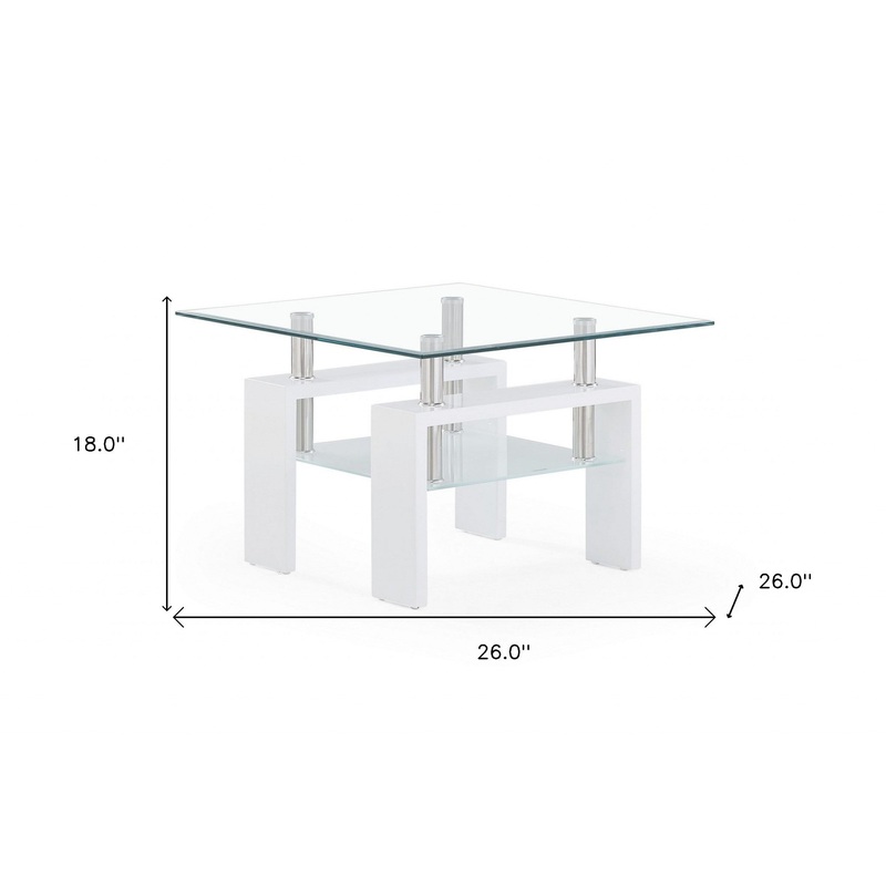 White glossy leg End Table with Rectangular Clear Glass Top By Homeroots