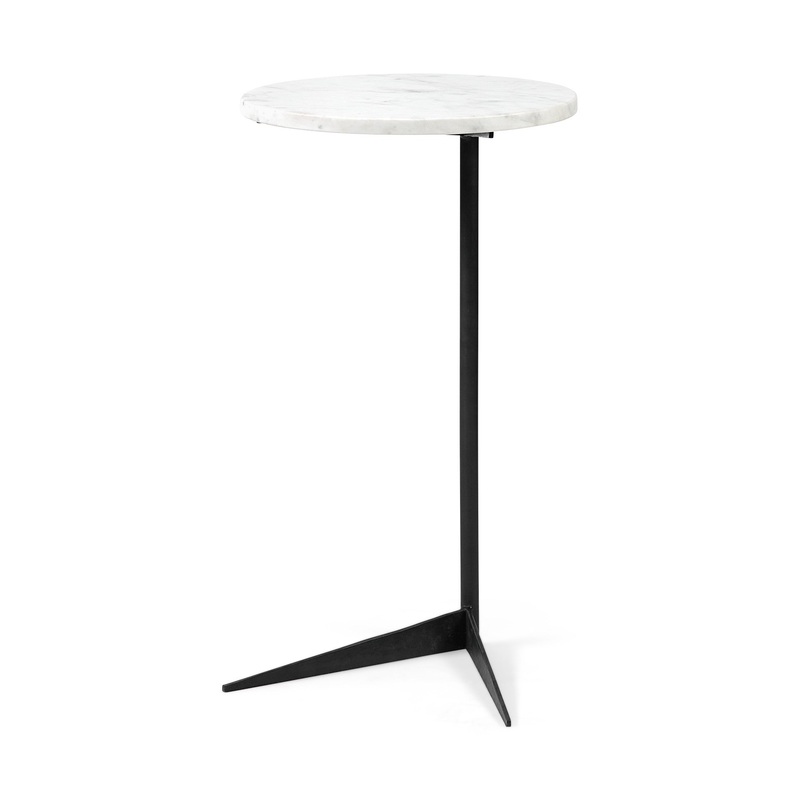 White Marble Round Top Accent Table with Black Iron Base By Homeroots