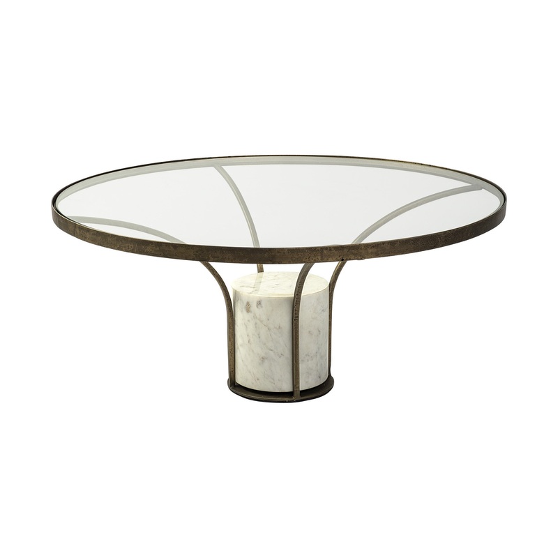36' Round Glass Top Metal and Marble Pedestal Coffee Table By Homeroots