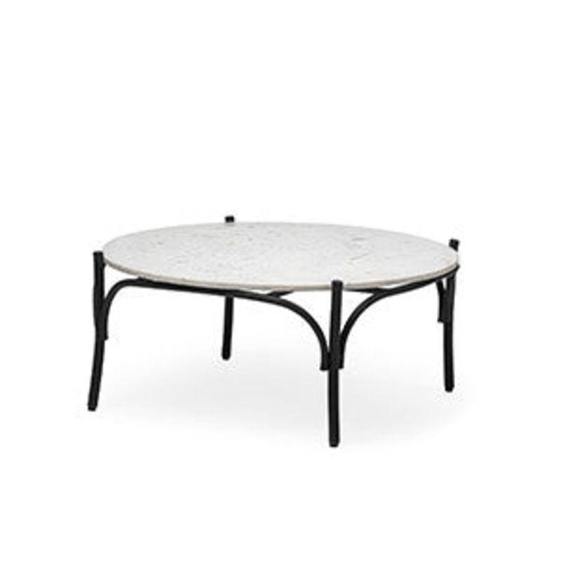 36' Round White Marble Top Black and Metal Base Coffee Table By Homeroots