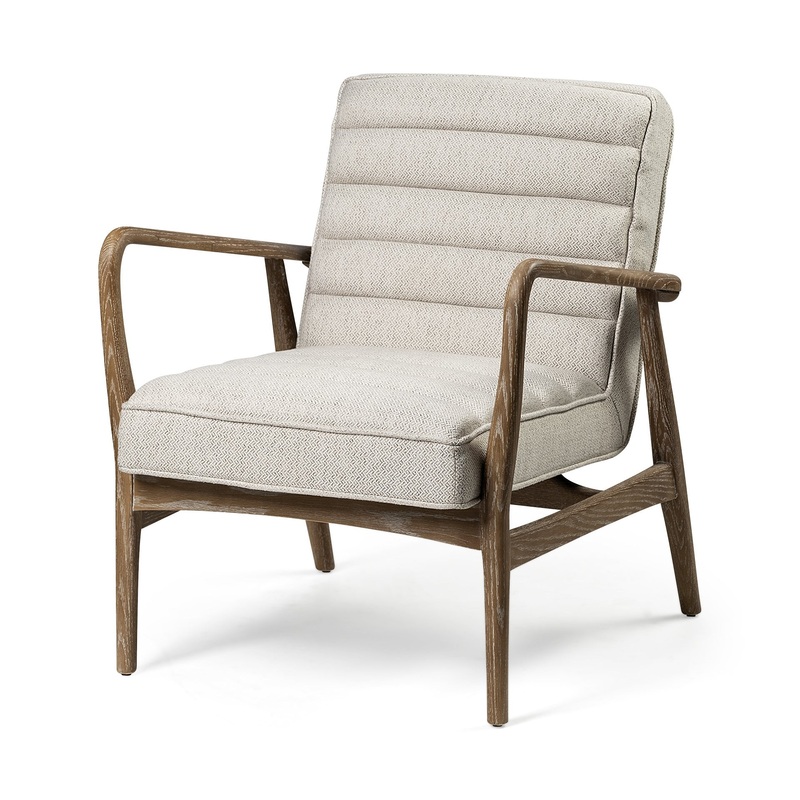 Cream Fabric Wrapped Medium Brown Accent Chair with Wooden Frame By Homeroots