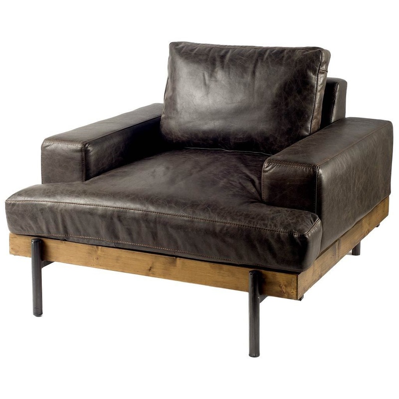Dark Brown Moroccan Leather Wide Accent chair with Wood and Black Iron Base By Homeroots