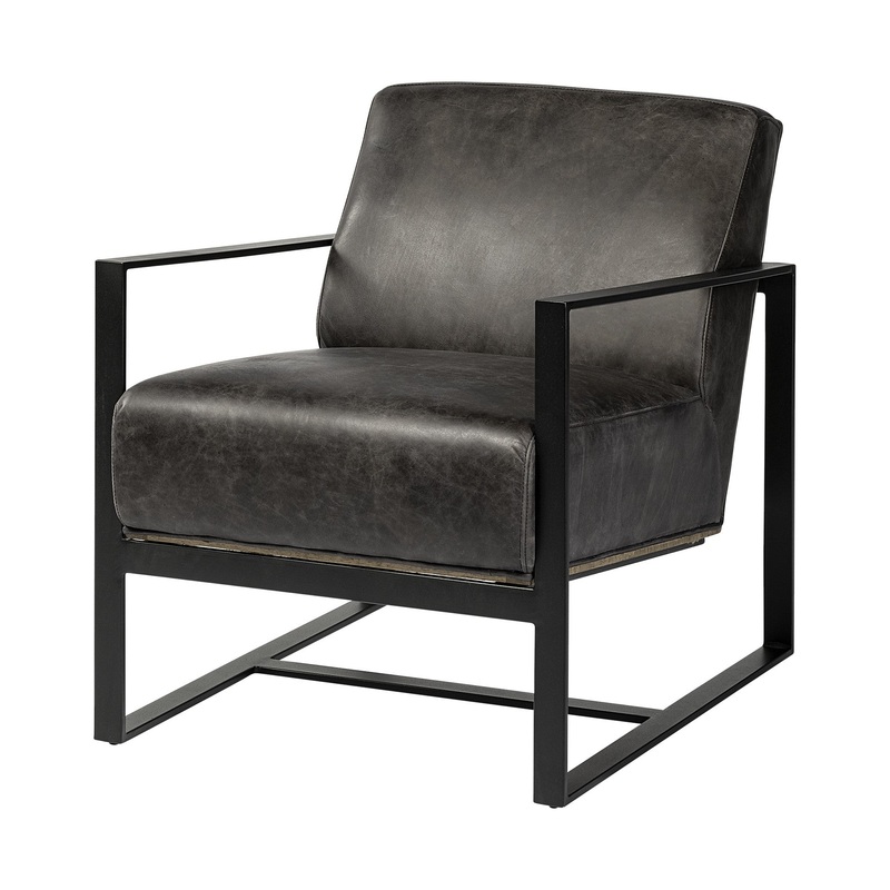 Ebony Genuine Leather Wrapped Accent Chair with Metal Frame By Homeroots