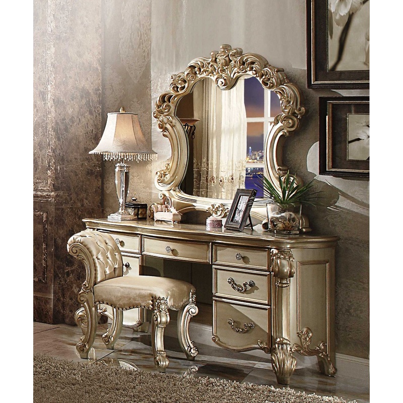 Elaborate Carved Gold Patina Finish Desk Vanity Dressing Table with 7 Drawers By Homeroots