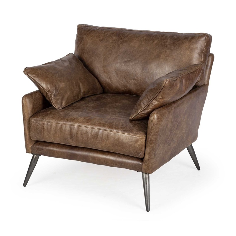 Espresso Brown Top-Grain Leather Wide Accent chair with Wooden Frame and Iron Legs By Homeroots