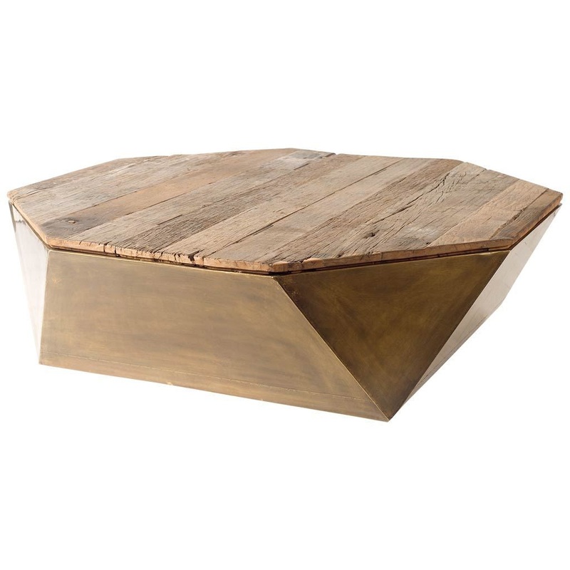 Hexagon Hinged Solid Wood Brass Metal Coffee Table w Storage By Homeroots