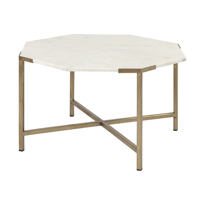 Hexagon White Marble Top and Gold Metal Base Coffee Table By Homeroots
