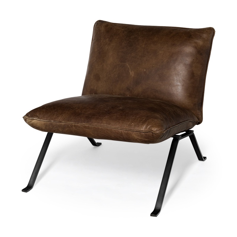 Medium Brown Leather Cushion Seat Accent Chair Solid Iron Base By Homeroots